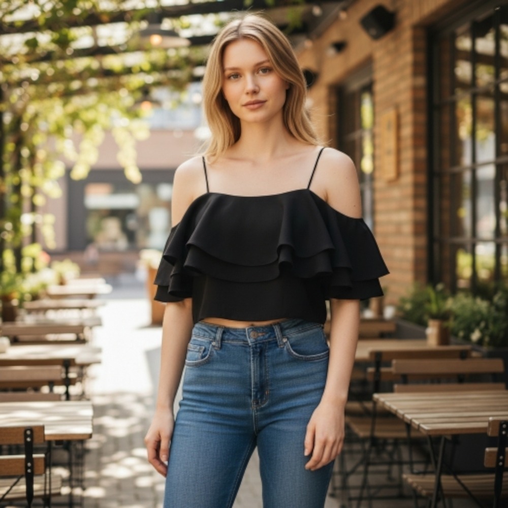 EUC‎ TOPSHOP Sz. 0 Black Ruffled Spagetti Strap Crop Top.